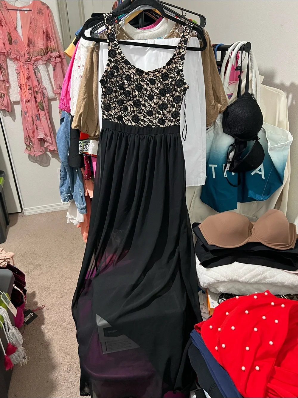 LC Lauren Conrad Black Maxi Dress with Cream  Embroidered Lace Bodice